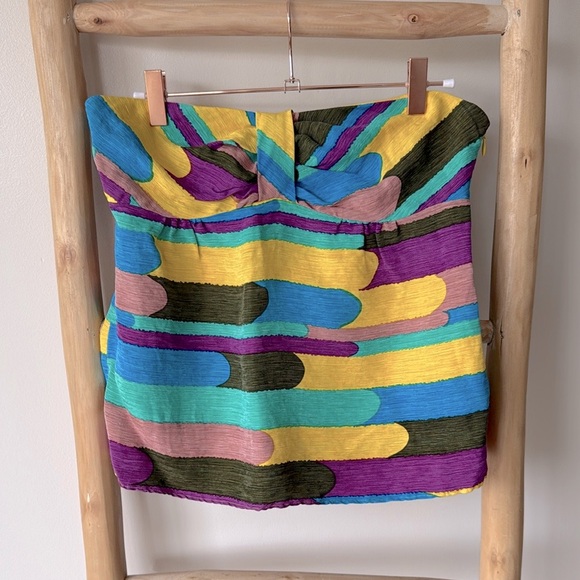 Tibi Tops - Tibi Multicolor Abstract Pattern Silk Linen Blend Colorful Strapless Summer Top